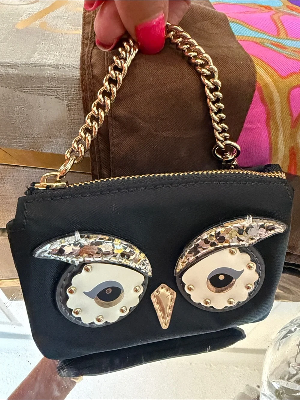 Kate Spade Black Owl Face Chain-Handle credit card coin purse